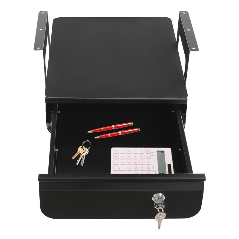 Lockable Under Desk Sliding Storage Drawer - Black, 13'