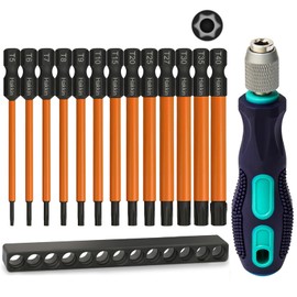 Hakkin T5-T40 Torx Bit Set Long 75 mm 13 Pieces 1/4 Inch Torx Screwdriver Set Magnetic Star Screwdriver with Hole S2 Steel Hexagonal Screwdriver Bit Sets with Handle T20 for Cordless Screwdrivers