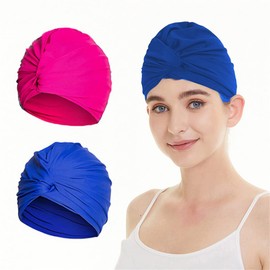 2 x Swimming Cap Women's Turban Swimming Cap Ear Protection Swimming Cap Non-Slip Swimming Cap Retro Swimming Cap Girls Swimming Cap Elastic Swimming Cap Summer Swimming Cap for Long Short Hair Blue