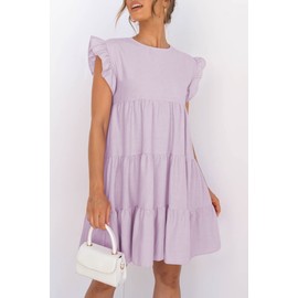 IHOT Going Out Dress for Women Babydoll Ruffle Sleeveless Tiered Pleated Lightweight Summer Casual Beach Vacation Graduation Tunic Dresses with Pockets Lilac Small