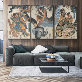 Dimpoli Japanese Painting Canvas Wall Art Decor 3 Piecess 24x36 Inch Katsushika Hokusai Landscape Kamakura Period Kamakura Hall Artwork Reproduction Picture Prints Gallery Wrapped Triptych Room Decoration Ready to Hang