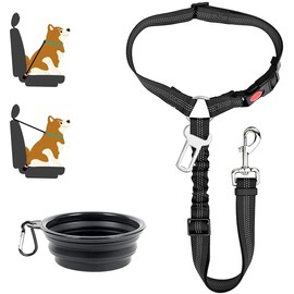 Corooci Dog Seat Belt, 2-in-1 Headrest Restraint Dog Car Seatbelt Pet Car Safety Seat Belt Clip Buckle Tether for Large Medium Small Dogs with Dog Bowl, BLACK