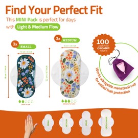 EcoComfort Organic Cotton Reusable Sanitary Pads for Light Flow (S+M,6-Pack); High-Temp Washable Period Pads for Women & Teens; Non-Irritating Towels, Soft Reusable Cloth Pads for Comfortable Care