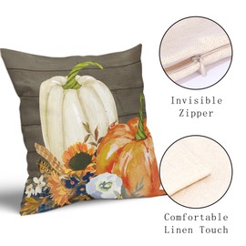 Kawani White Orange Pumpkin Fall Pillow Covers 18X18 Inch Sunflower Leaf Wood Decorative Couch Pillow Cases Set of 2 Autumn Thanksgiving Throw Pillows Home Decor for Room Porch Patio Couch Outdoor