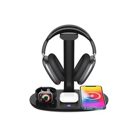 Soporte para Auriculares 4 en 1 con Cargador Inalámbrico de 15 W, Soporte para Auriculares con Estación de Carga Qi, Diseño Desmontable, Ideal para Viajes, Hogar y Hotel