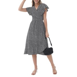 Women's Dress Wrapp Summer Bohemian Floral V-Neck Ruffled Brimmed Hat Lower Back Frenulum Short Sleeved Pleated Hem Sun Skirt Daily Casual Wear Leopard Black