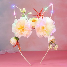 Jovono Light Up Easter Bunny Ears Flower Headband LED Spring Forest Flower Hairband Rabbit Wedding Party Hair Accessories for Women (Yellow)