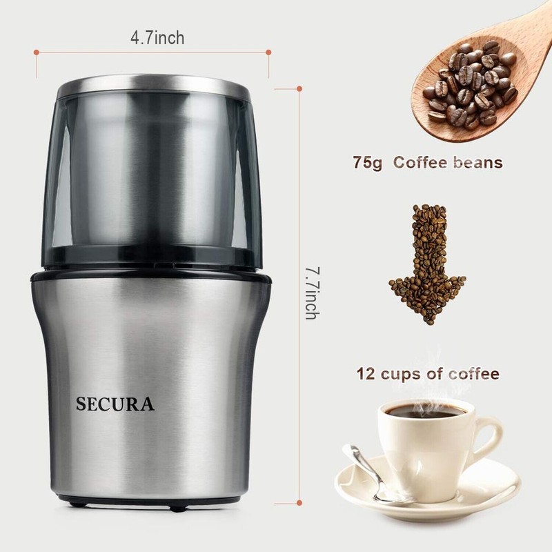 Secura Electric Coffee Grinder and Spice Grinder with 2 Stainless