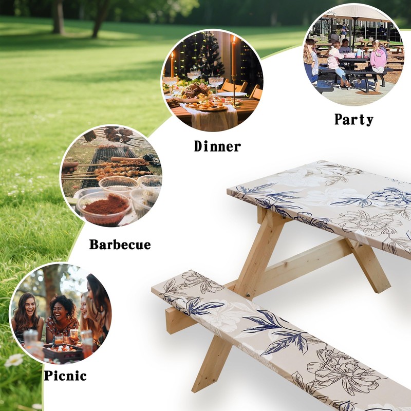 96x30 Picnic Table Cover with Bench Covers Waterproof Elastic Floral