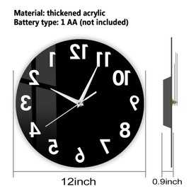 Reloj de pared The Geeky Days Reverse de 30,48 cm con números inusuales hacia atrás, moderno reloj decorativo, excelente reloj para tu pared
