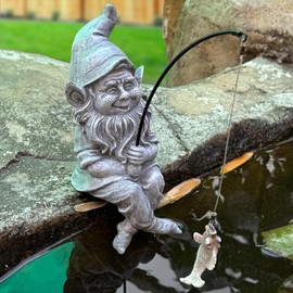 DHOBY GHAUT Fishing Gnomes Decoration for Yard Outdoor Garden Decor 9.7 Inch Tall Gnome Statue for Koi Pond, Waterfalls or Poolside Ornaments, Fisher Guy Outdoor Statues, Gift for Mom & Women