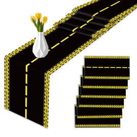6Pcs Road Table Runner Plastic Disposable Checkered Race Car Table Runner for Holiday Birthday Decor Racing Party Essential,108x14In(Yellow)