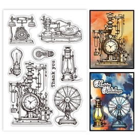 GLOBLELAND Vintage Gear Clock Clear Stamps Electric Fan Light Bulb Telephone Silicone Clear Stamp Seals Transparent Stamps for DIY Scrapbooking Cards Making Photo Album Journal