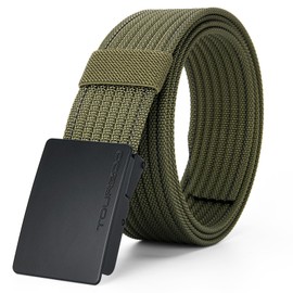 TOURZOO Nylon Military Tactical Belts for Men 1.5" No Holes Adjustable Webbing Canvas Belt for Hiking, Casual & Outdoor（Army green，38"-41" Waist Adjustable）
