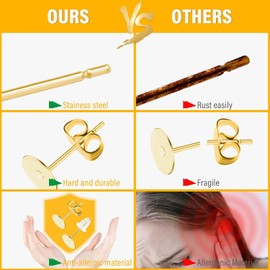 30 PCS of 18K Gold Plated DIY Earrings Posts Flat Pad Hypoallergenic Earring Posts and Backs Earring Studs Blanks for Jewelry Making Findings （8mm）