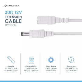 Amcrest White 20ft Power Extension Cable AC 12V Adapter 20 foot ft 20FTEXTW-12V