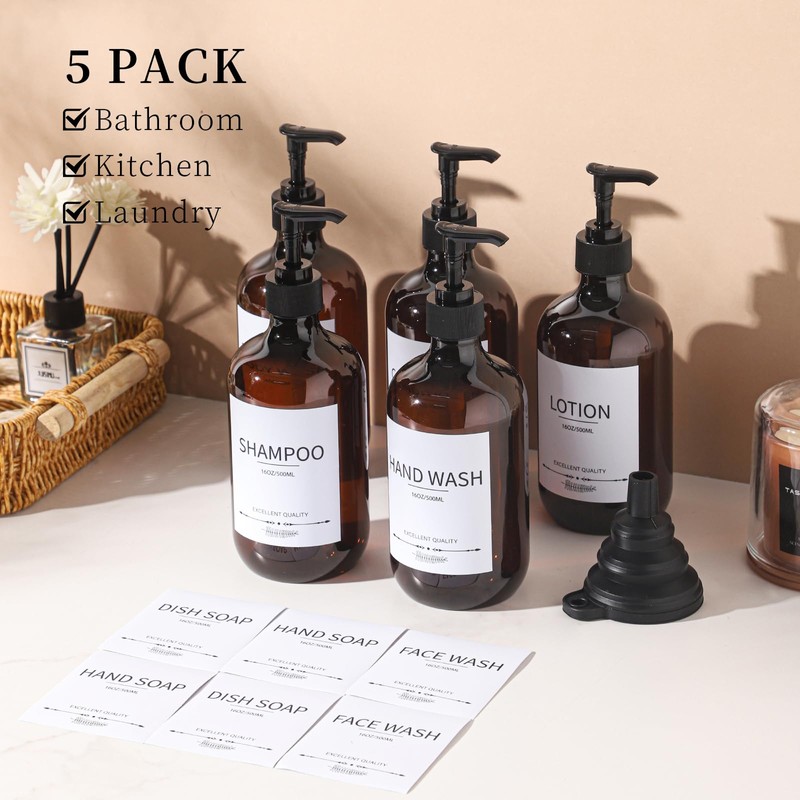 Stylish Shampoo Bottles Refillable with Pump,(5Pack) Amber Shampoo and Conditioner