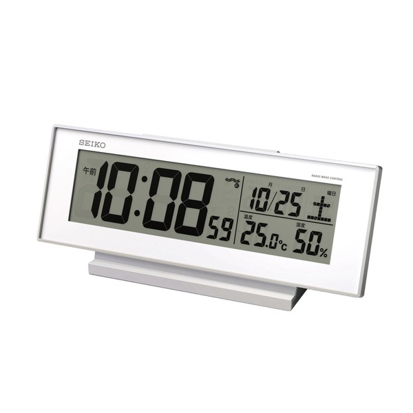 Seiko Clock SQ762W Radio Controlled Alarm Clock, Constant Light, Digital Calendar, Temperature & Humidity Display, Visible at Night, White