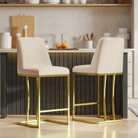 LSSBOUGHT Counter Height Bar Stools Set of 2 24'' Upholstered Padded Barstools with Back Leathaire Counter Stools for Kitchen Island Chairs with Gold Metal Iron Frame, Beige