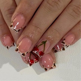 Short Press on Nails Square Fake Nails Nude Glossy Acrylic Nails Leopard French Tip False Nails with Design Cute Cherry Glue on Nails Full Cover Stick on Nails for Women Manicure Decorations 24pcs