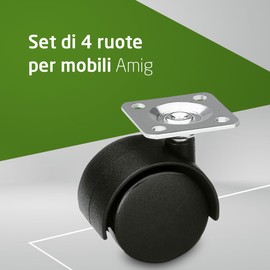 Amig - Set di 4 Ruote per Mobili - 45 mm - Portata Massima per Ruota 45 kg - Piastra in Acciaio - Realizzate in Nylon - Senza Freno - Ideali per Sedie da Ufficio o Tavoli Bassi