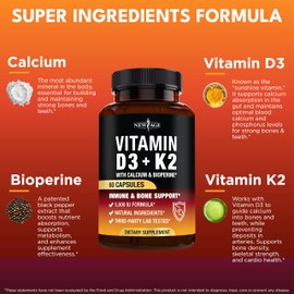 NEW AGE Vitamin D3 5,000 IU + K2 MK-7 100 mcg - 2-in-1 Bone, Immune & Heart Support, Easy to Swallow, Non-GMO - 60 Capsules