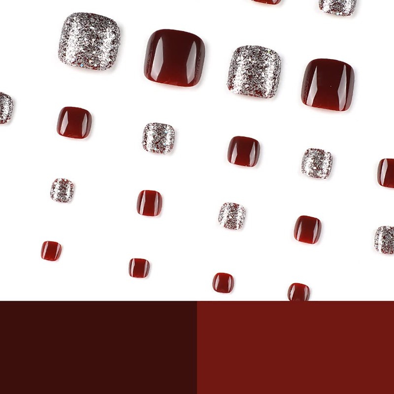 24-PCS Square Press on Toenails Red Glitter False Toenails Full