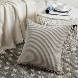 Fancy Homi 2 Packs Neutral Taupe Decorative Throw Pillow Covers 18x18 Inch with Pom-poms for Couch Bed Sofa, Aesthetic Modern Organic Farmhouse Boho Home Decor, Soft Corduroy Cute Accent Cushion Case