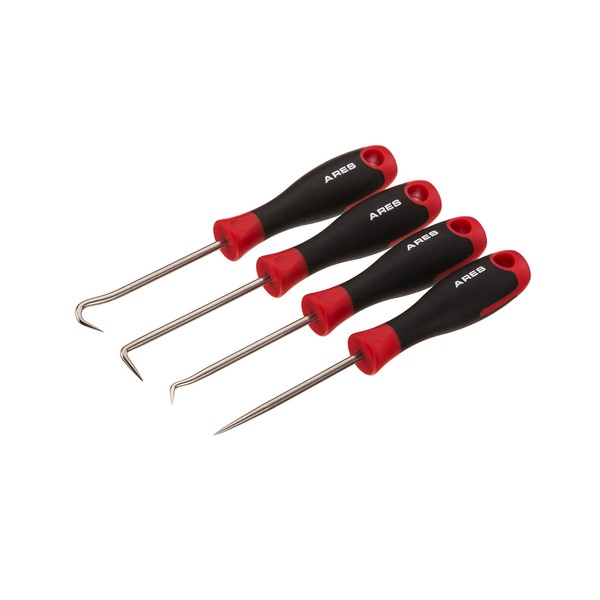 ARES 70256 - Precision Hook and Pick Set - 4-Piece Set Includes Precision 90 Degree, Hook, Combination and Straight Hooks and Picks - Chrome Vanadium Steel Shaft - Easily Remove Hoses and Gaskets