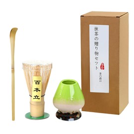 Handcrafted Matcha Whisk Set of 3 - Traditional Bamboo Whisk (100-prong Chasen), Bamboo Scoop & Celadon Holder, Perfect Set for Tea Enthusiasts to Prepare a Traditional Cup of Matcha