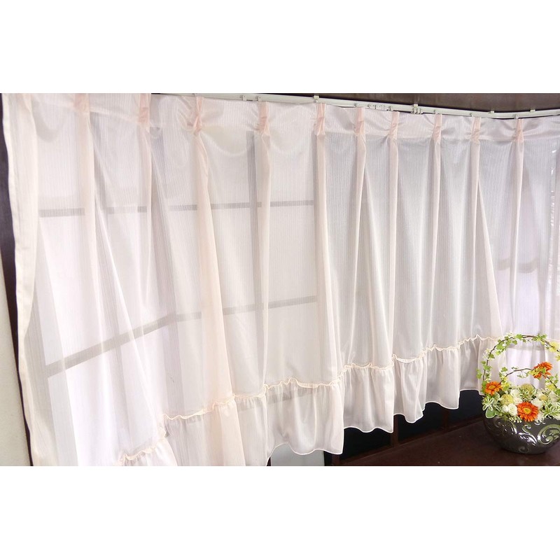 Straight lace curtain for bay window pinstripe pastel orange width