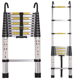 Telescoping Ladder,12.5FT,Heavy Duty 330lbs Max Capacity,Suitable for RVs, attics, Rooftops (Silver, 12.5 FT with 2 Hooks)