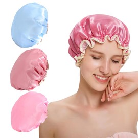3 Pcs Bath Caps, Double Layers Waterproof Shower Caps, for All Hair Lengths Women Curly Natural Hair Head Cover(Pink+Blue+Bean Paste Powder)