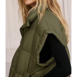 Songling Womens Oversized Puffer Vest Stand Collar Full Zip Sleeveless Bubble Puffer Vest Quilted Padded Warm Coat Outwear (Army-Green,L)