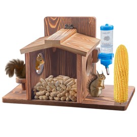 Squirrel Feeder for Outside, Squirrel Picnic Table Feeder for Corn Cob, Peanut and Nuts, Hanging Chipmunk House Box for Outdoors with Window and Squirrel Water Feeder
