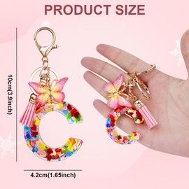 OSDUE Fashion Alphabet Initial Letter Keychain, Women Tassel Butterfly Pink Purple Cute Car Keyrin, Pink and Gold Resin Alphabet Keychain, Tassel Butterfly Pendant Key Ring for Wallet (C)