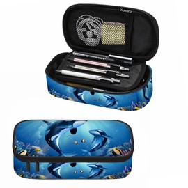 Xuwenz Blue Whales Pencil Case Sea Fish Dolphin Coral Reefs Tropical Fish Marine Pencil Bag Pen Markers Pouch Holder Organizer for Boy Girl School Students