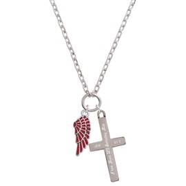Delight Jewelry Silvertone Medium Translucent Red Angel Wing - Everlasting Love Engraved Cross Zoey Necklace, 28"