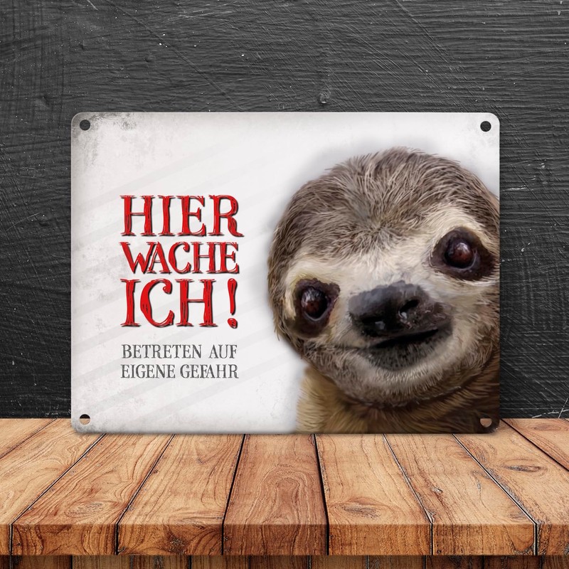 Metal Sign with Sloth Motif and Saying "Betreten auf eigene