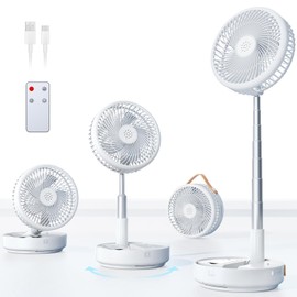 Primelove Portable Oscillating Travel Fan, 10400mAh Battery Operated Rechargeable USB Floor Table Desk Fan with Remote, 4 Speed Settings Pedestal Fan for Home Bedroom Office Camping, White,8"