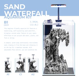 Aqua Worx Sand Waterfall Tank Kit - Silent Operation Falling Sand Fish Tank w/LED Light and Self Cleaning Filtration - Desktop Rimless Starter Aquarium Kit, Just Add Plants - 3.38GAL | 12.8L (B1)