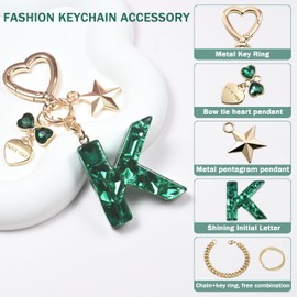 Cute Keychain initial Letter Butterfly Star Pink Purple Bling Gift for Women Girls Bag Cup Charms Accessories (K-green)