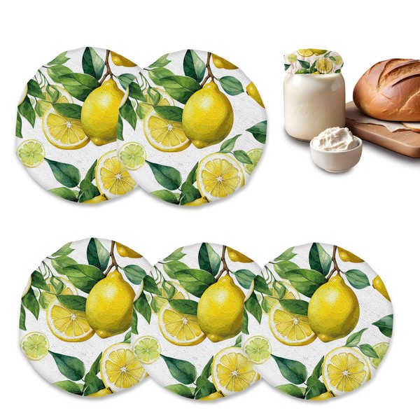 5-Pack Cloth Covers for Sourdough Starter Jars, Lemon Sunshine Reusable