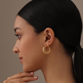 LeCalla 925 Sterling Silver 14K Gold Plated Small Mesh Filigree Hoop Earring Handmade Round Basket Weaven Hoop Earrings for Women 26 MM