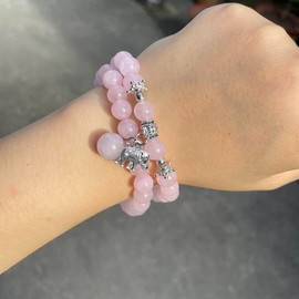 Clataly Natural Crystal Pink Bracelets Elephant Pendant Bracelet 8 mm Ice Transparent Pink Elastic Bracelet Jewellery for Women Girls (Pink AB)