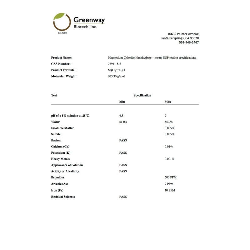 Cloruro de Magnesio Grado Farmacéutico 100% Comestible "Greenway Biotech" 1