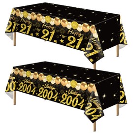 Uiorgui 2pcs 21st Birthday Tablecloth, Black Gold 21st Birthday Decorations for Him Her Vintage 2004 Table Cloth Plastic Rectangular Table Cover Happy 21 Anniversary Party Supplies