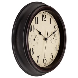 Foxtop Indoor Outdoor Waterproof Wall Clock with Thermometer and Hygrometer Combo, 12 inch Retro Silent Non-Ticking Battery Operated Quality Quartz Round Clock for Patio Home Decor (Bronze)