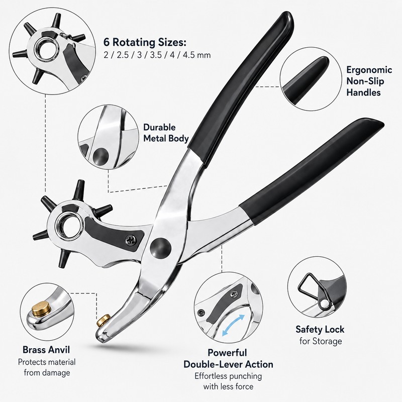 Rotary Leather Hole Punch Pliers for Precision Crafting – Adjustable