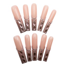 Atuhua Uñas Postizas Cuadradas Extralargas Hechas A Mano, Con Puntas Francesas Rosas, Brillantes, Acrílicas, Con Diseños De Diamantes De Imitación, Cobertura Total, Para Mujer (10 Unidades, M)